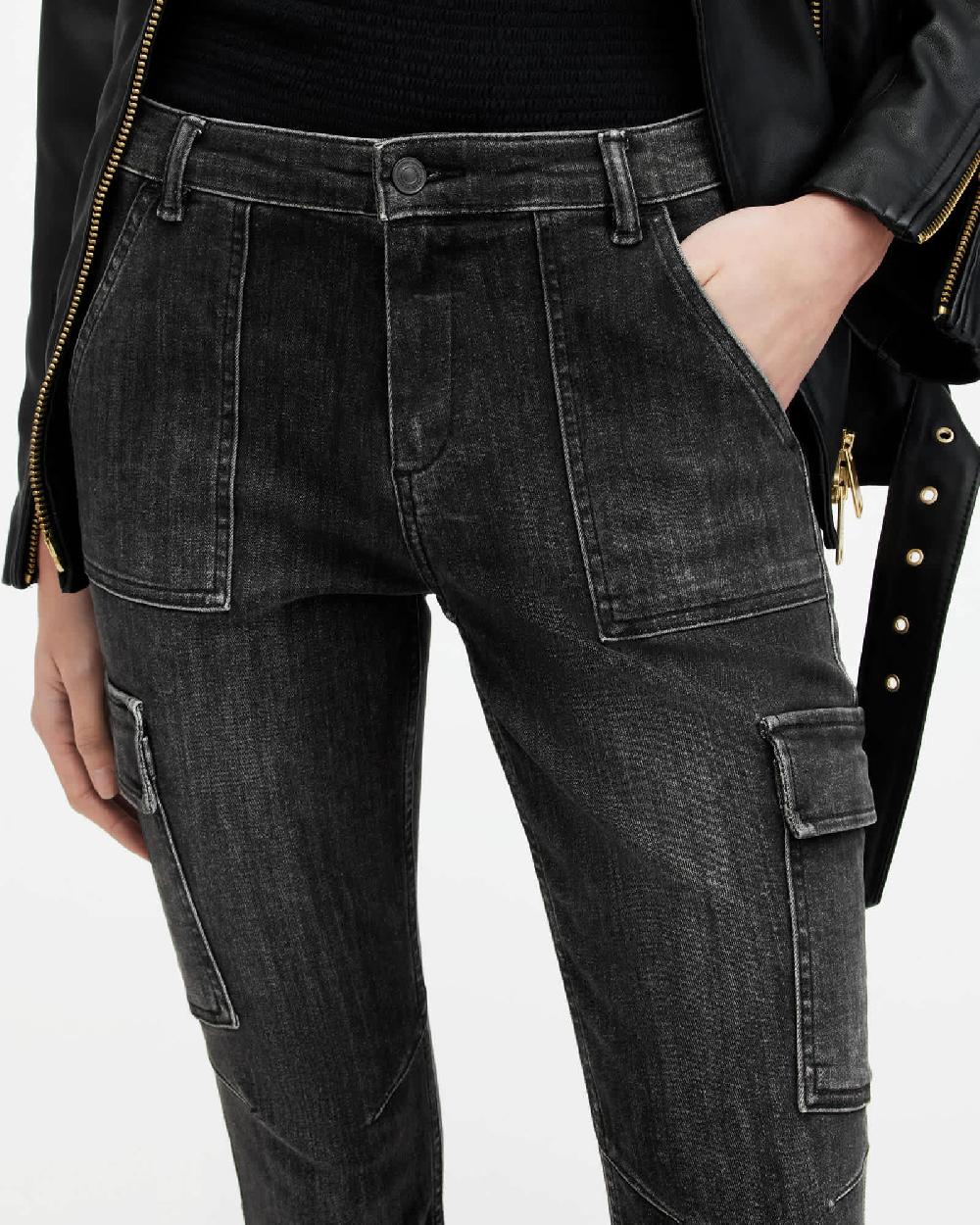 All Saints Duran Mid-Rise Skinny Cargo Denim Jeans Washed Black