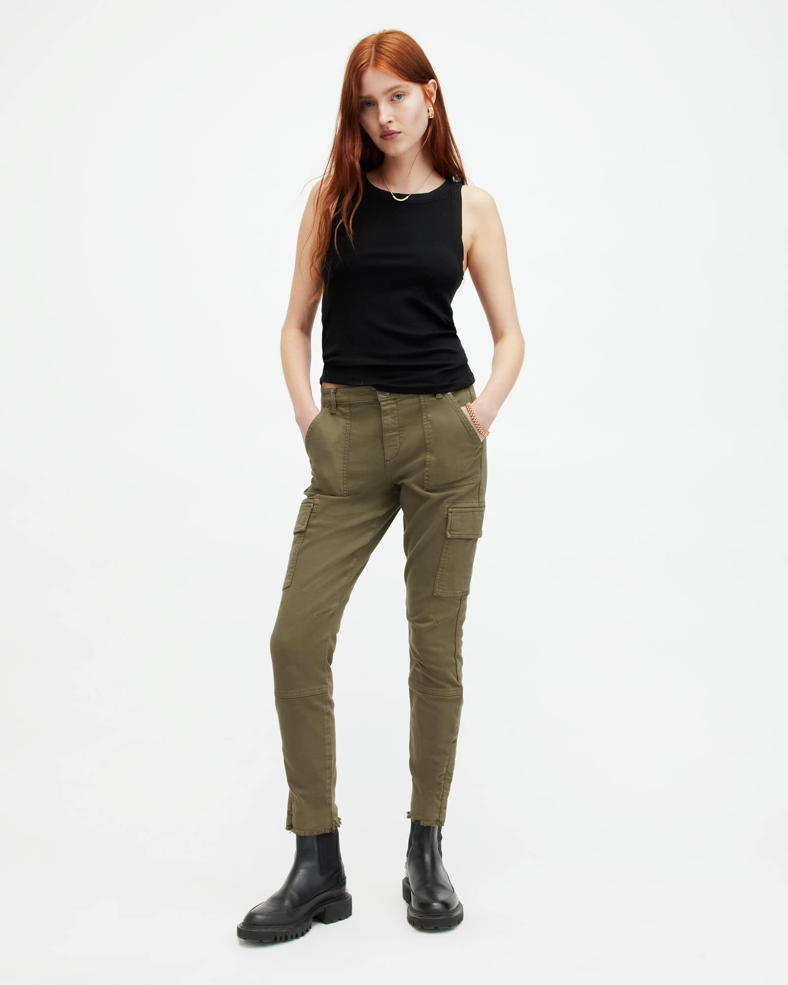 All Saints Duran Overdyed Skinny Cargo Jeans Khaki Green