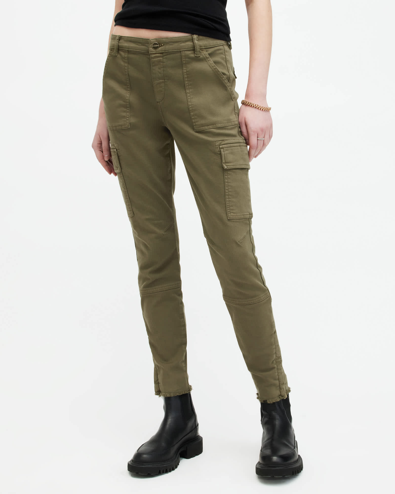 All Saints Duran Overdyed Skinny Cargo Jeans Khaki Green