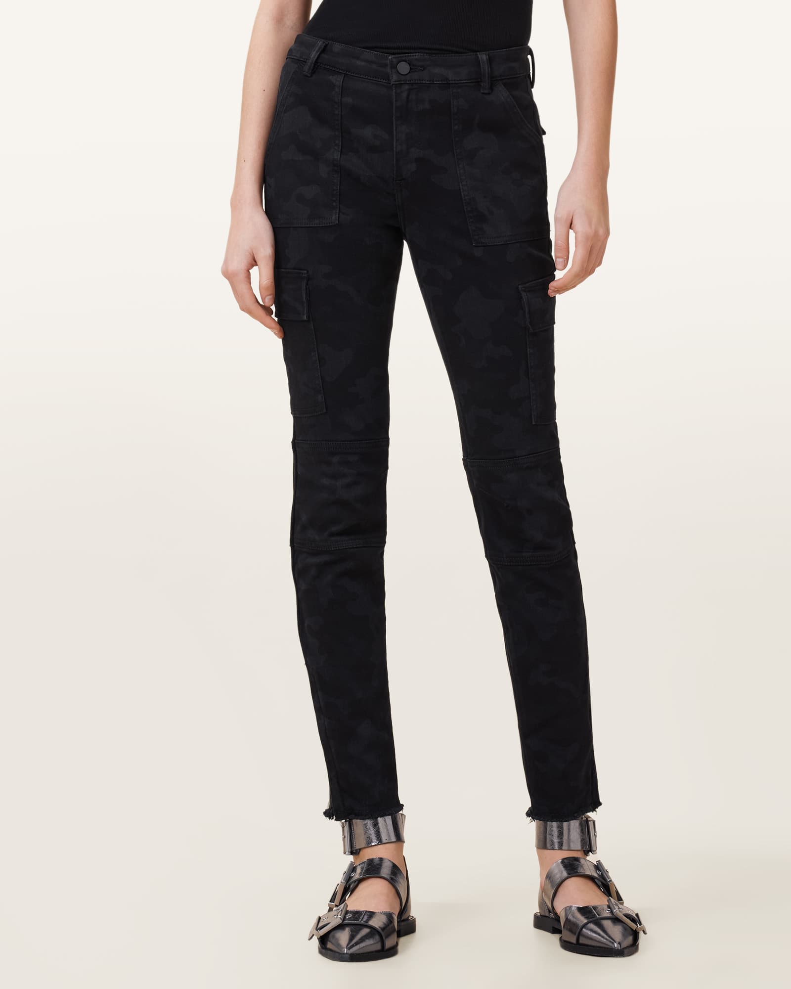 All Saints Duran Skinny Black Camo Cargo Jeans Camo Black