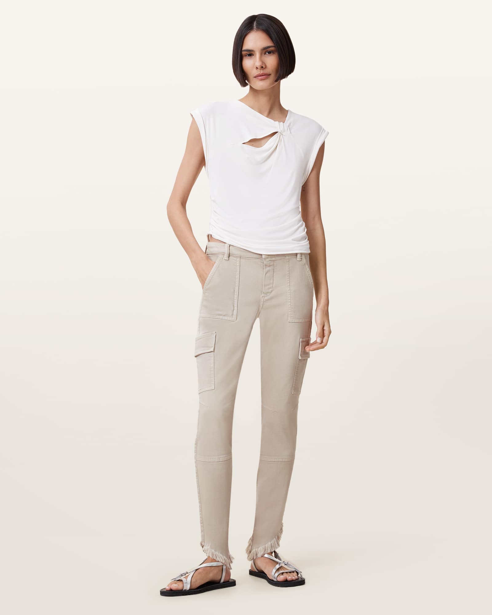 All Saints Duran Skinny Denim Cargo Jeans Cream White