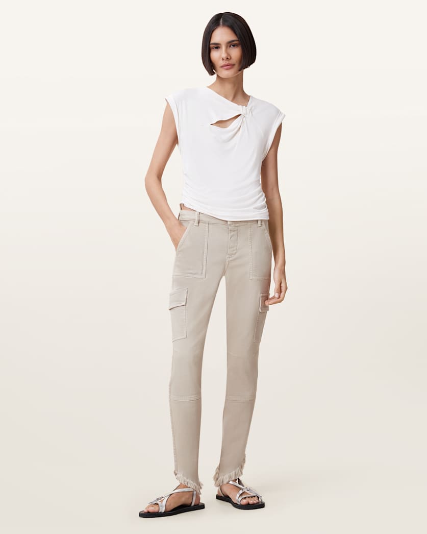 all saints Duran Skinny Denim Cargo Jeans Cream White