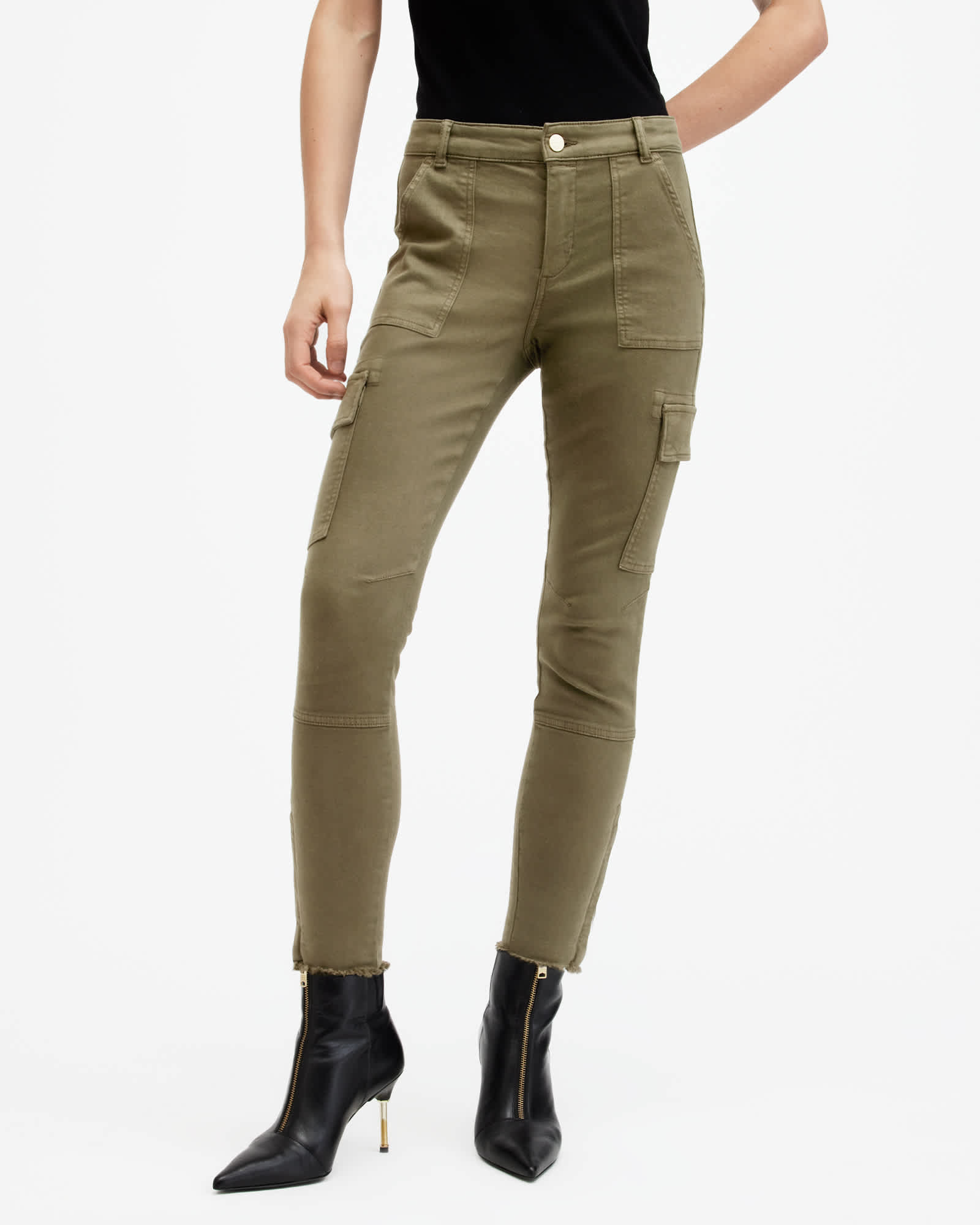 All Saints Duran Skinny Denim Cargo Jeans Khaki Green