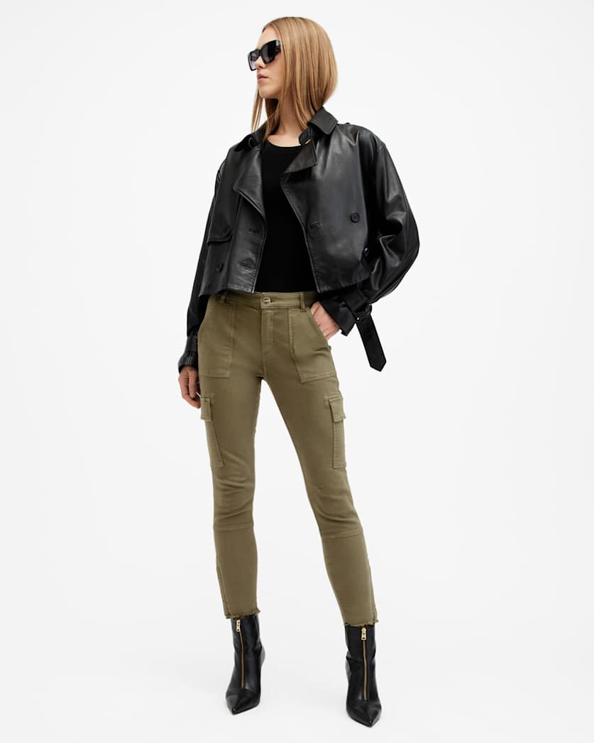 all saints Duran Skinny Denim Cargo Jeans Khaki Green