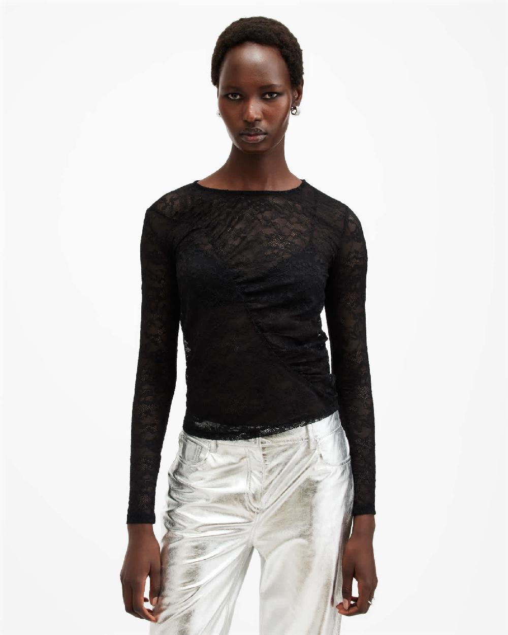 All Saints Edana Lace Long Sleeve Slim Fit Top Black