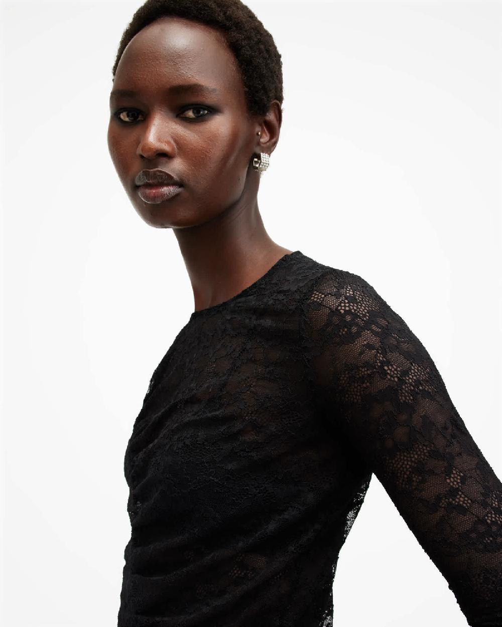 All Saints Edana Lace Long Sleeve Slim Fit Top Black