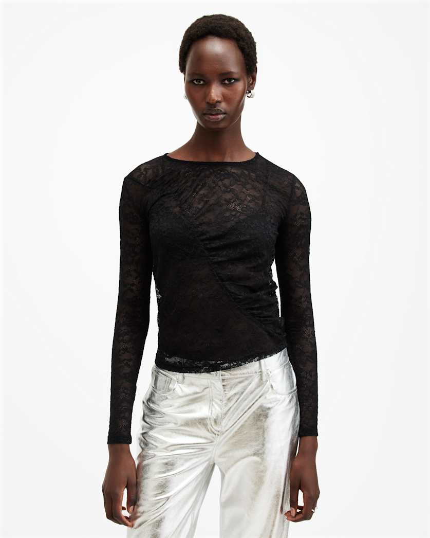 all saints Edana Lace Long Sleeve Slim Fit Top Black