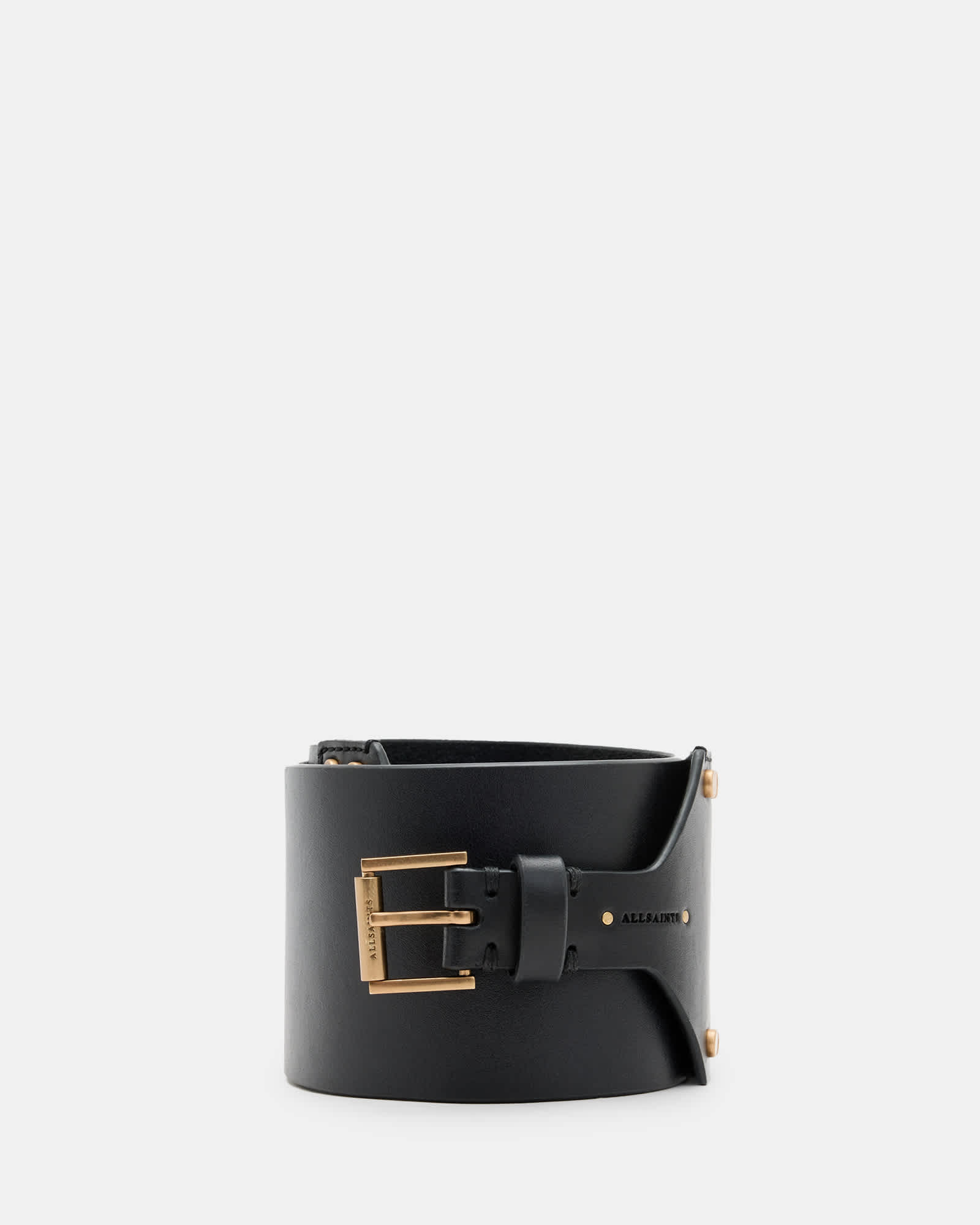 All Saints Eden Leather Buckle Waist Belt PATENT BLACK/BRASS