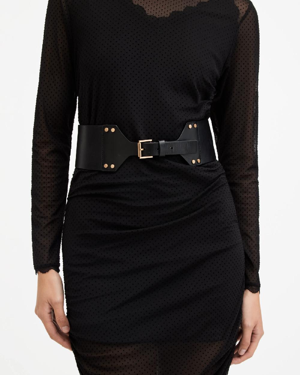 All Saints Eden Leather Buckle Waist Belt PATENT BLACK/BRASS
