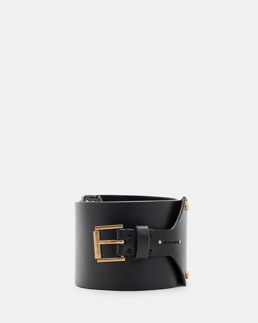 all saints Eden Leather Buckle Waist Belt PATENT BLACK/BRASS