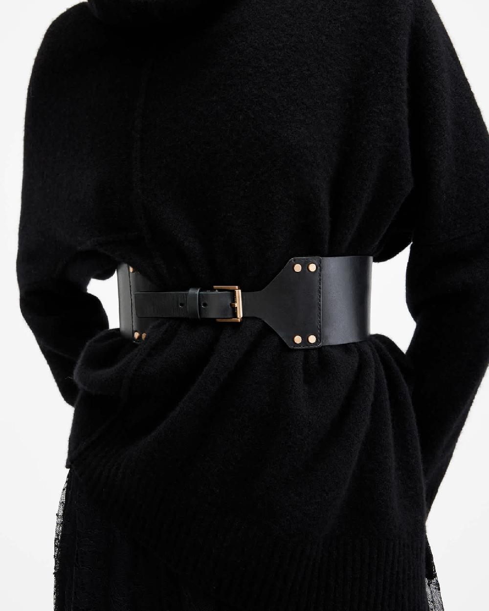 All Saints Eden Studded Leather Waist Belt BLACK/WARM BRASS