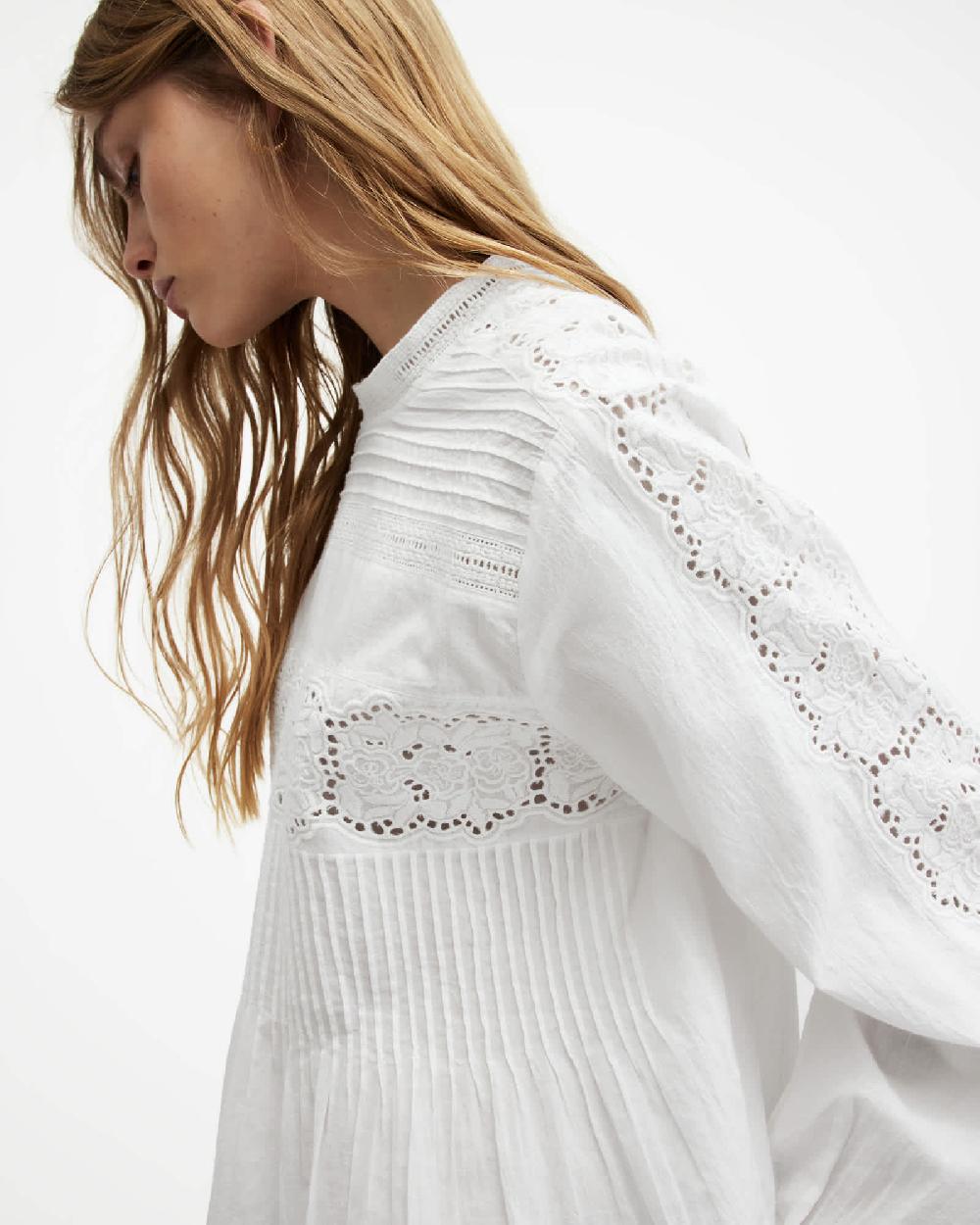 All Saints Elaia Embroidered Lace Trim Top Chalk White