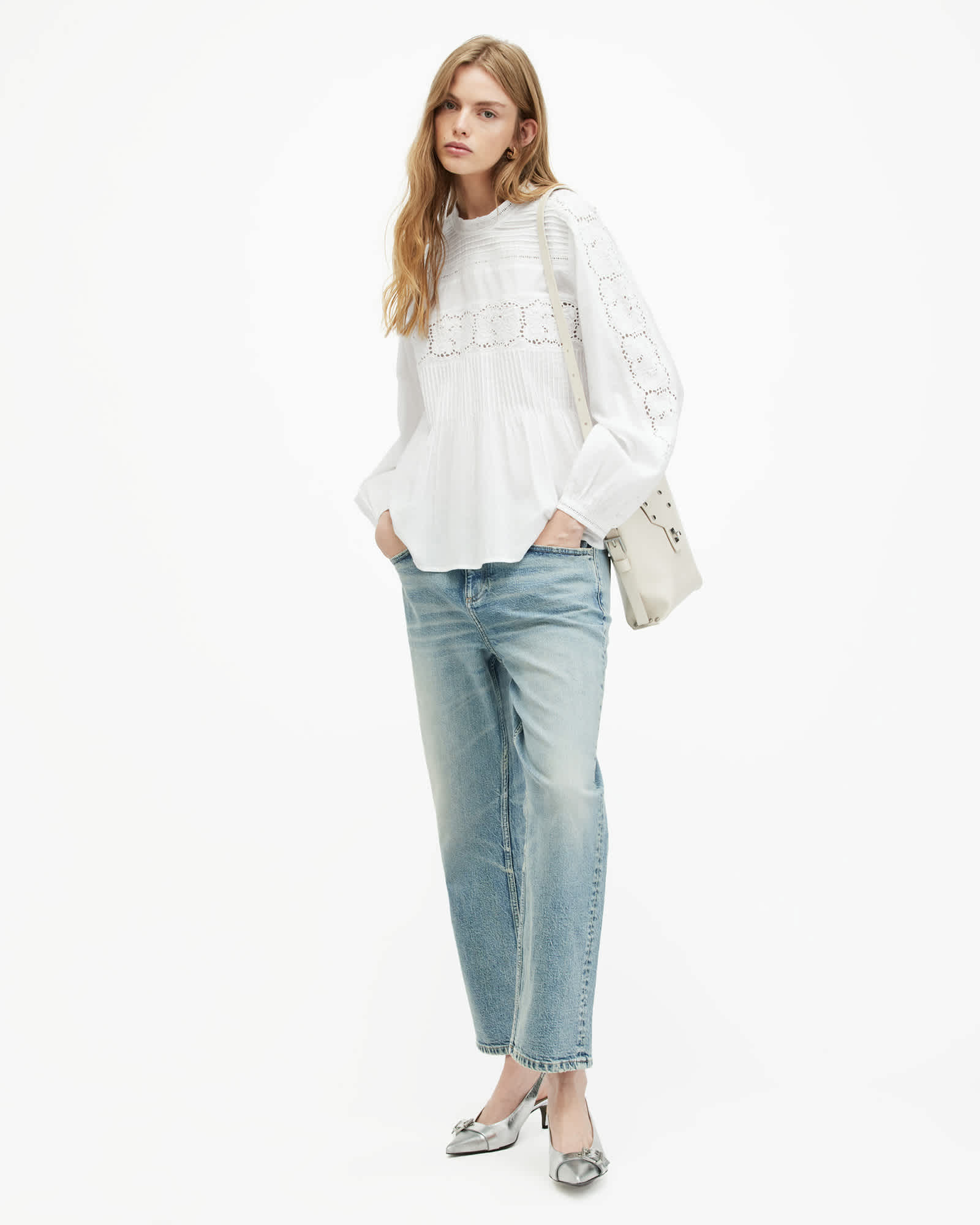 All Saints Elaia Embroidered Lace Trim Top Chalk White