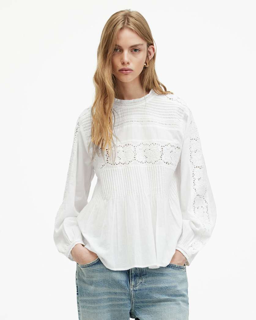 All Saints Elaia Embroidered Lace Trim Top Chalk White