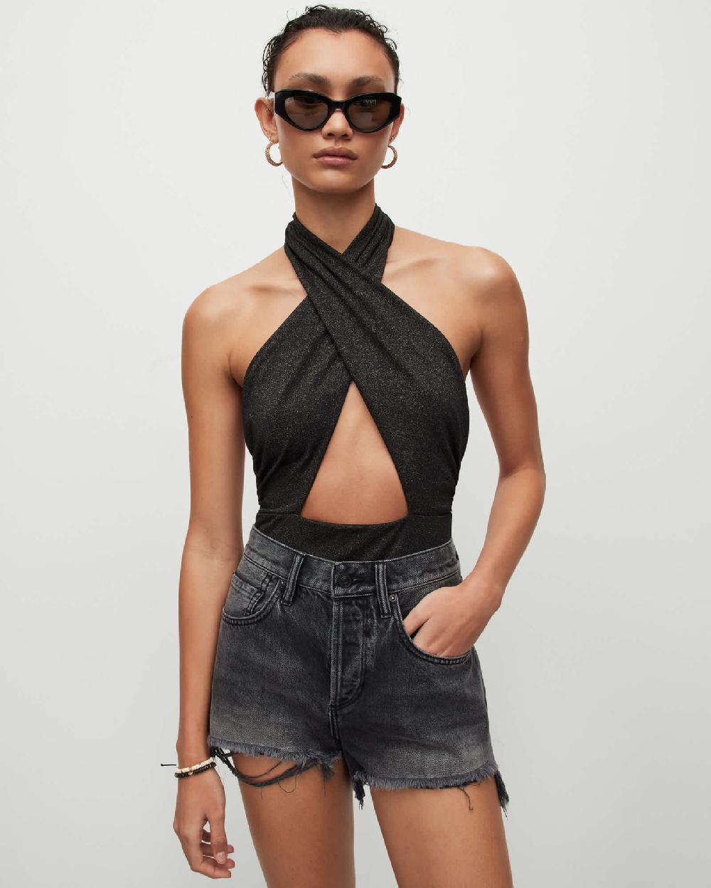 All Saints Eleanor Halter Neck Shimmer Swimsuit Black/Gold