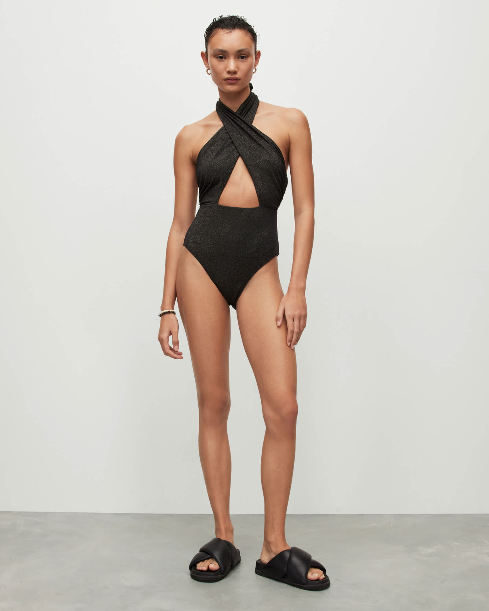 All Saints Eleanor Halter Neck Shimmer Swimsuit Black/Gold
