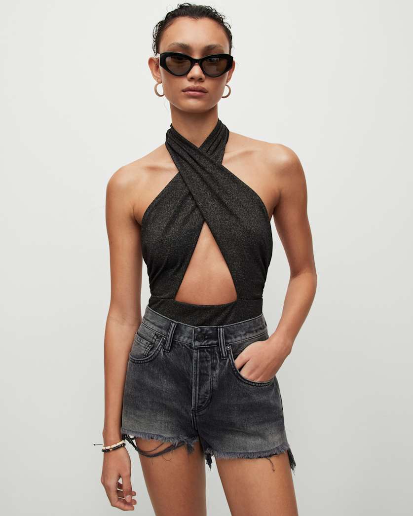 all saints Eleanor Halter Neck Shimmer Swimsuit Black/Gold