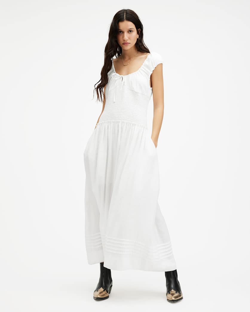 all saints Eliza Scoop Neck Slim Fit Maxi Dress Chalk White