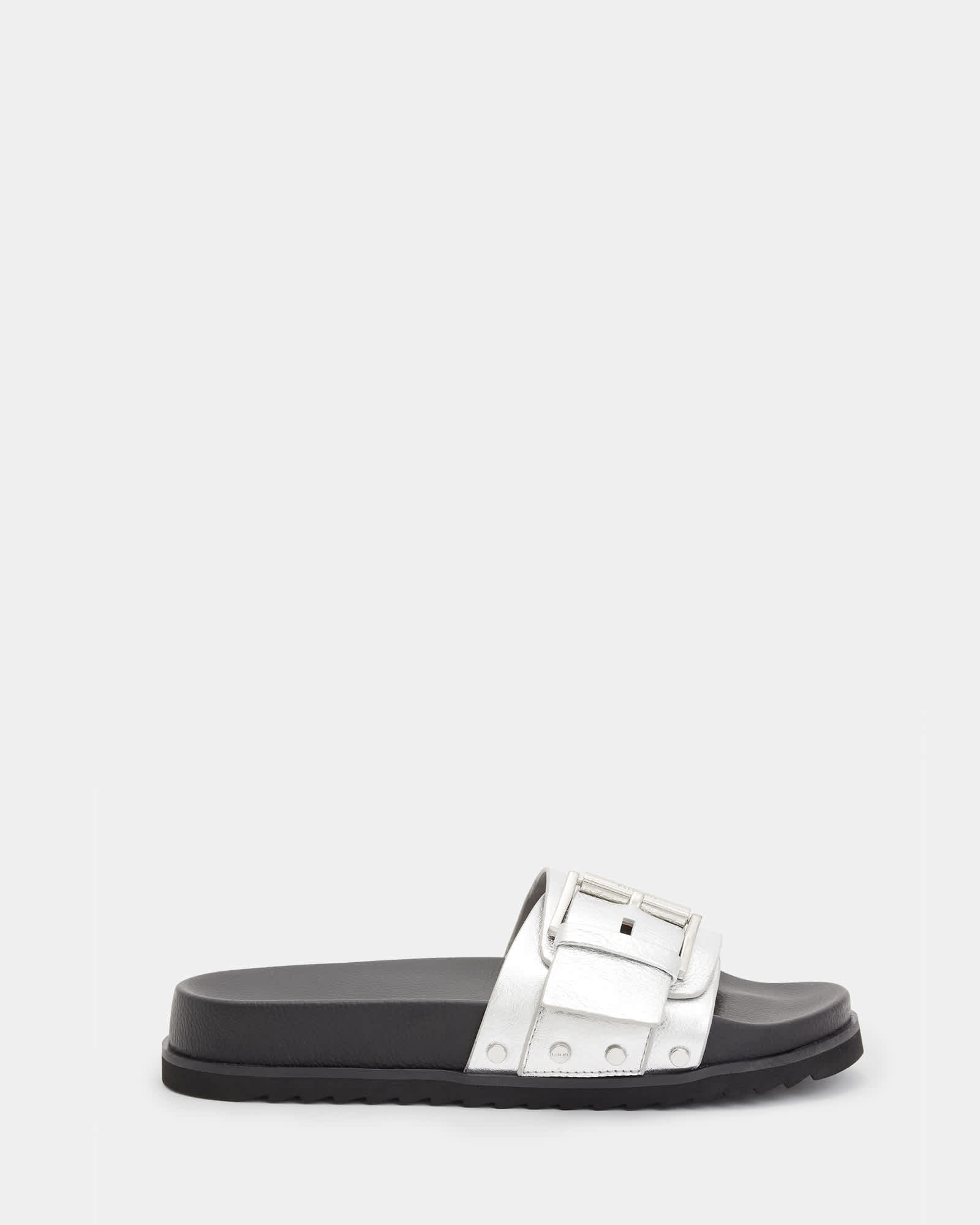 All Saints Ellie Buckle Metallic Leather Slides Metallic Silver
