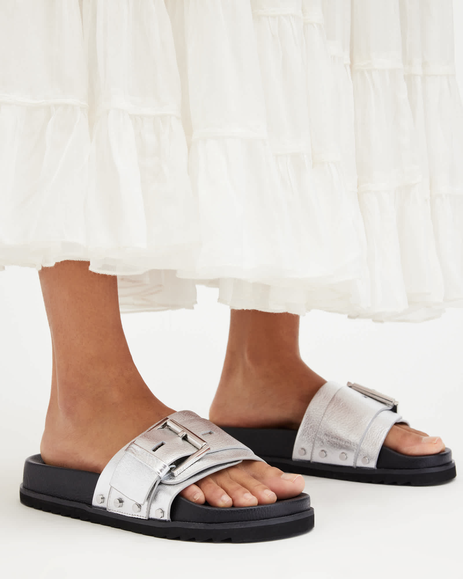 All Saints Ellie Buckle Metallic Leather Slides Metallic Silver
