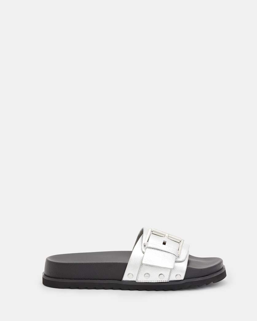 all saints Ellie Buckle Metallic Leather Slides Metallic Silver