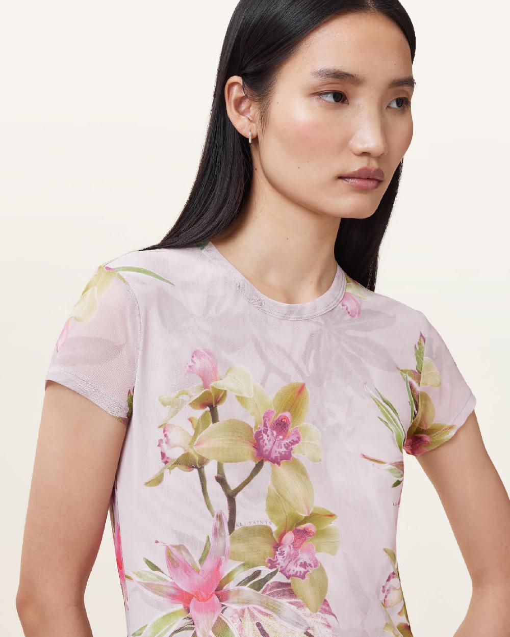 All Saints Ellie Floral Print Mesh T-Shirt Adena Soft Pink