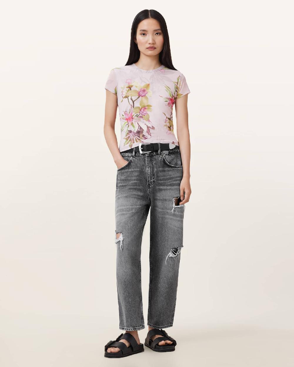 All Saints Ellie Floral Print Mesh T-Shirt Adena Soft Pink