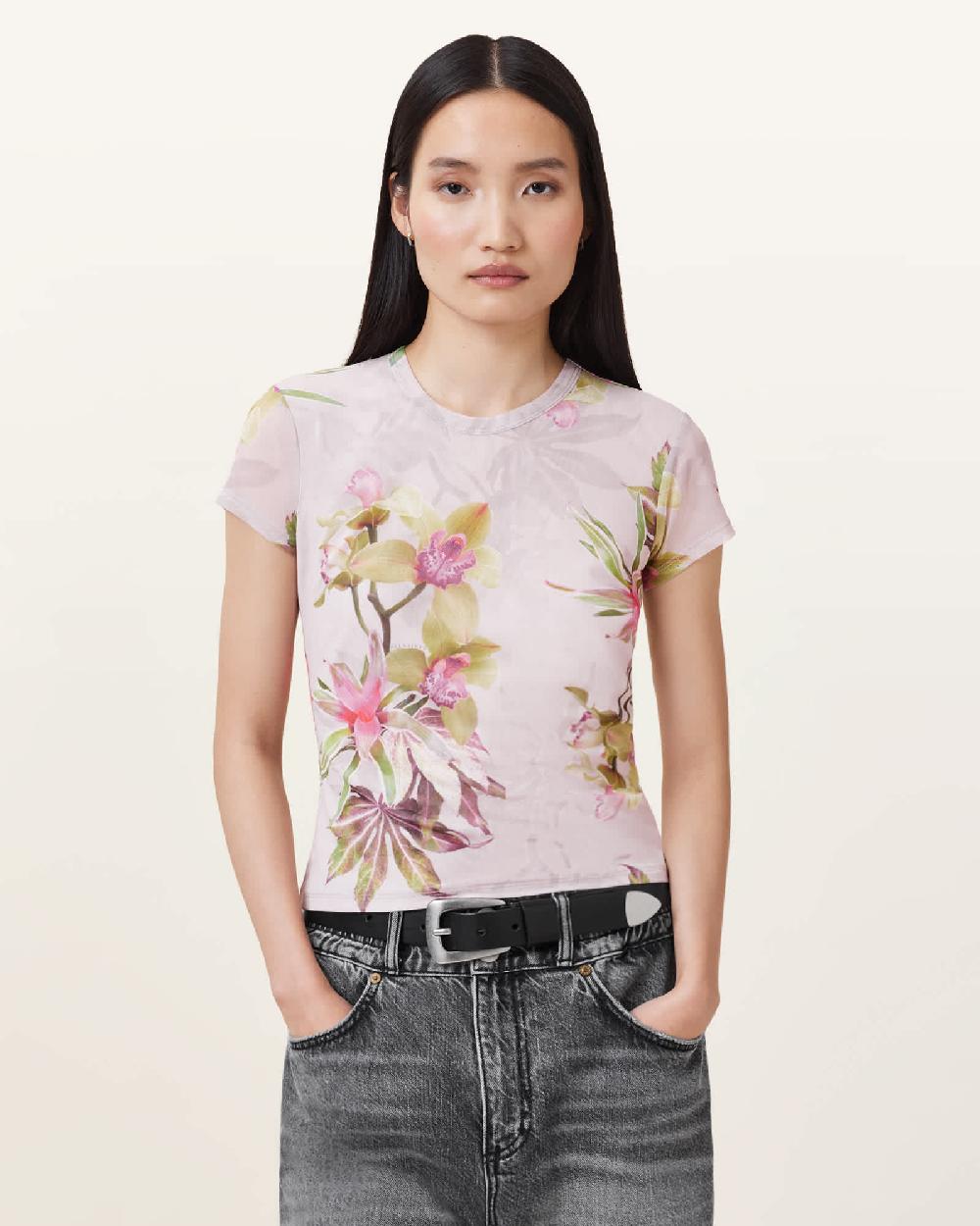 All Saints Ellie Floral Print Mesh T-Shirt Adena Soft Pink