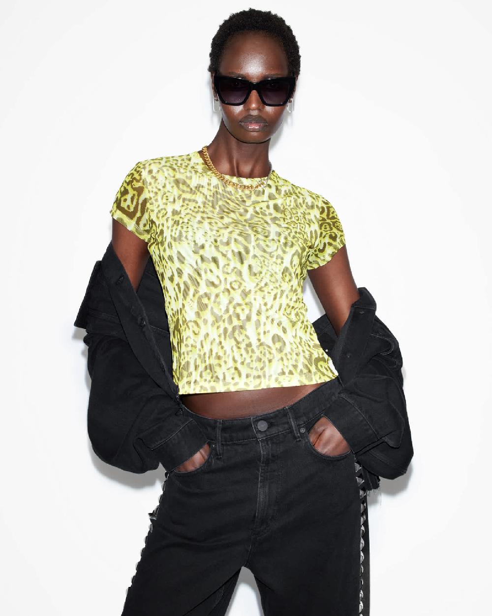 All Saints Ellie Mesh Animal Print T-Shirt Teresa Lime Green