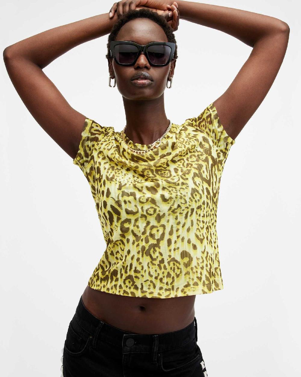 All Saints Ellie Mesh Animal Print T-Shirt Teresa Lime Green