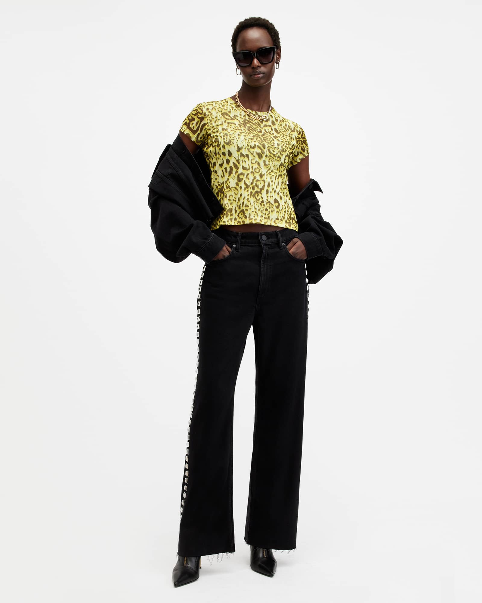 All Saints Ellie Mesh Animal Print T-Shirt Teresa Lime Green