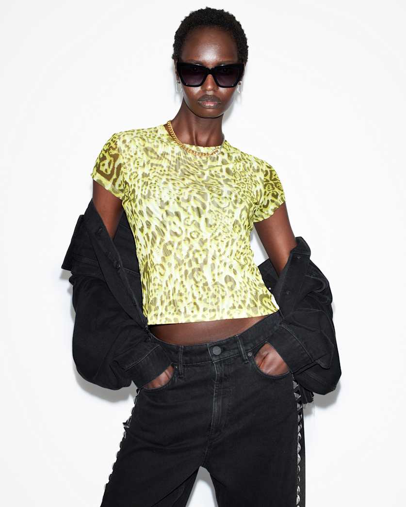 all saints Ellie Mesh Animal Print T-Shirt Teresa Lime Green