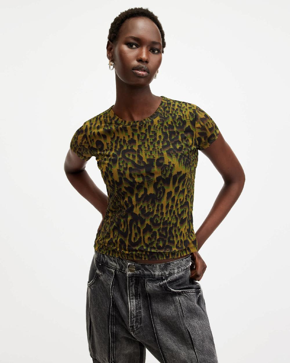 All Saints Ellie Mesh Animal Print T-Shirt Terese Khaki Green