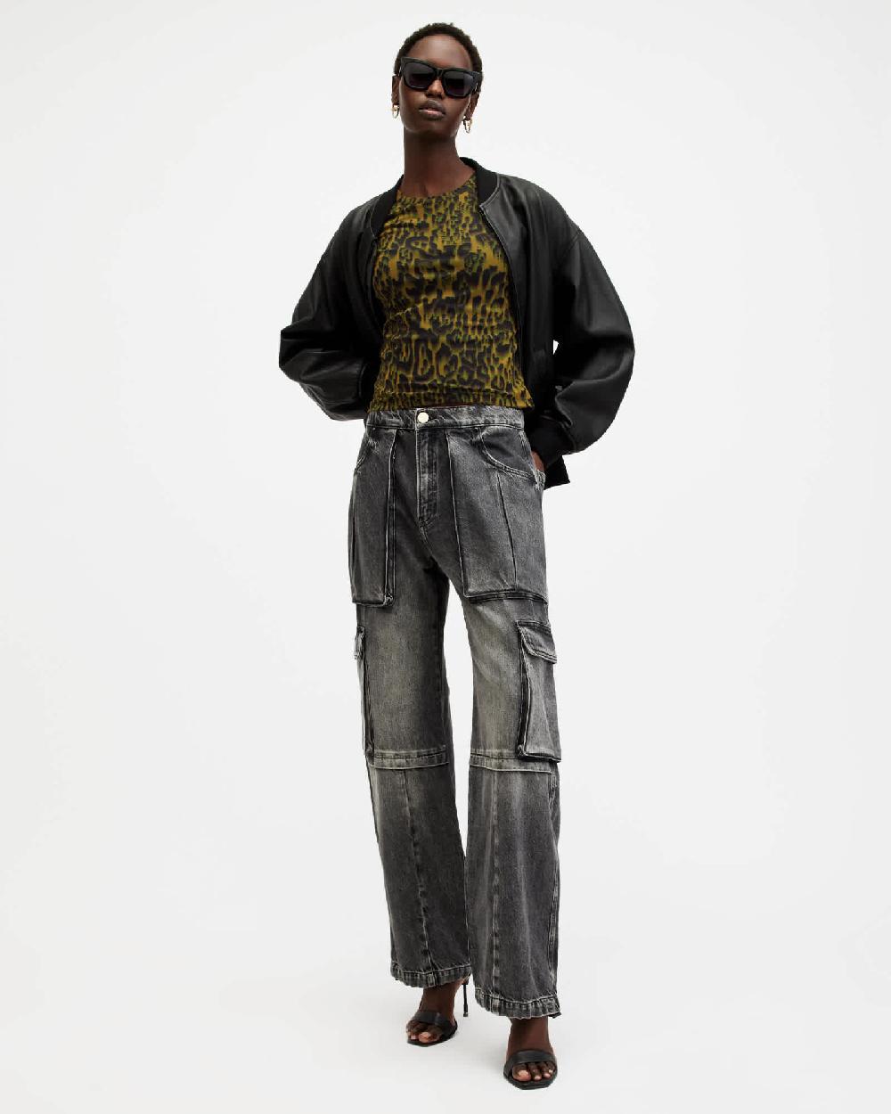 All Saints Ellie Mesh Animal Print T-Shirt Terese Khaki Green