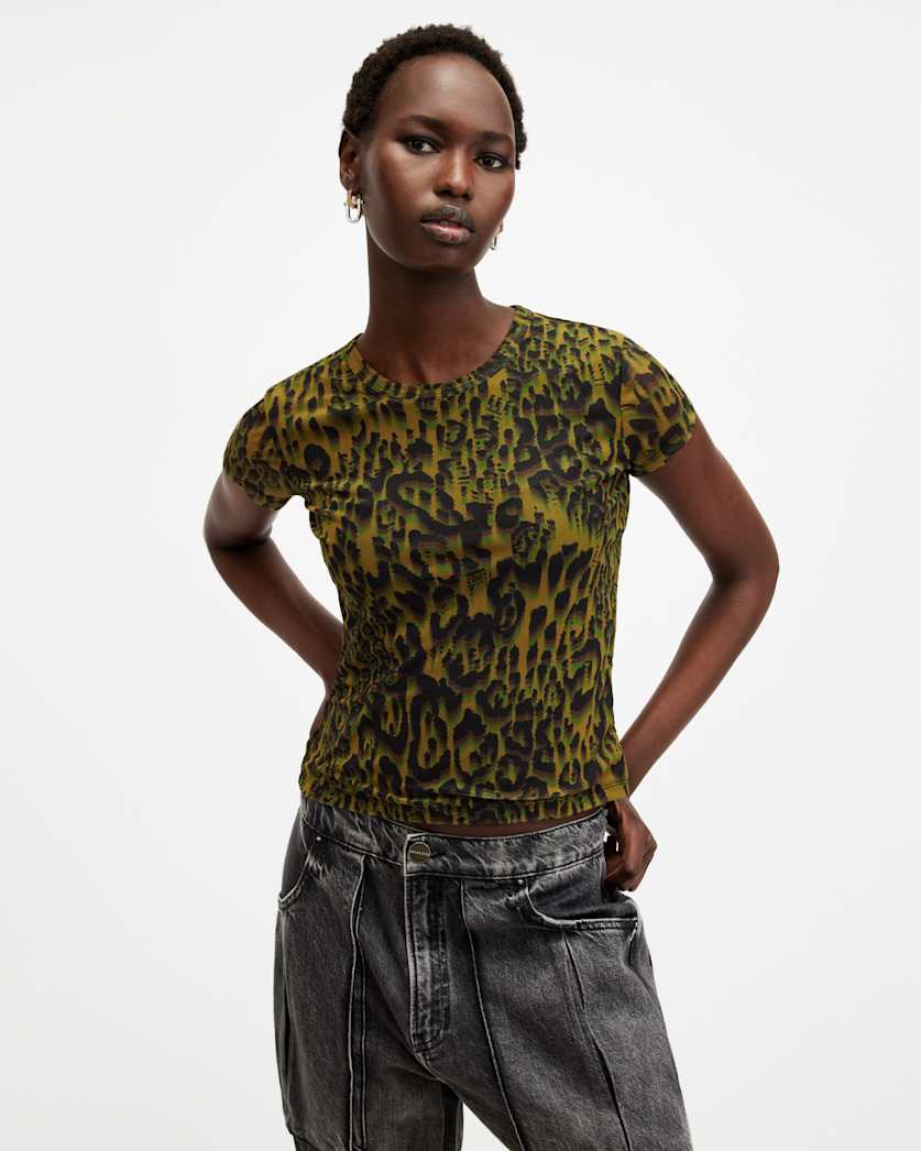 all saints Ellie Mesh Animal Print T-Shirt Terese Khaki Green