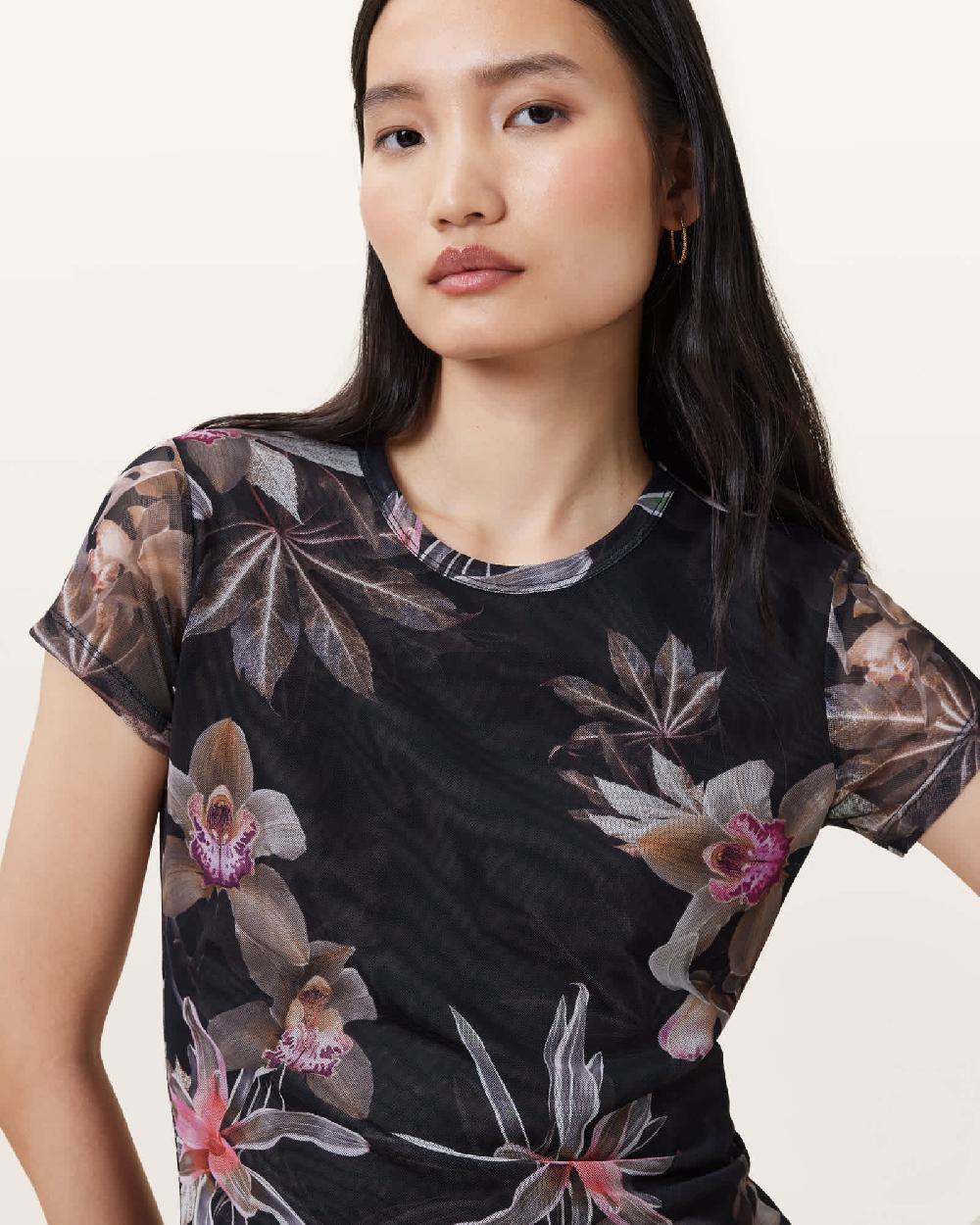 All Saints Ellie Mesh Floral Print Slim T-Shirt Adena Black