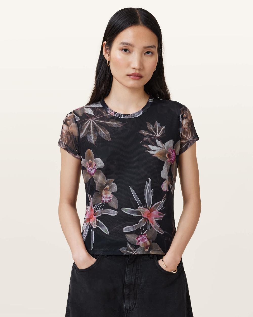 All Saints Ellie Mesh Floral Print Slim T-Shirt Adena Black
