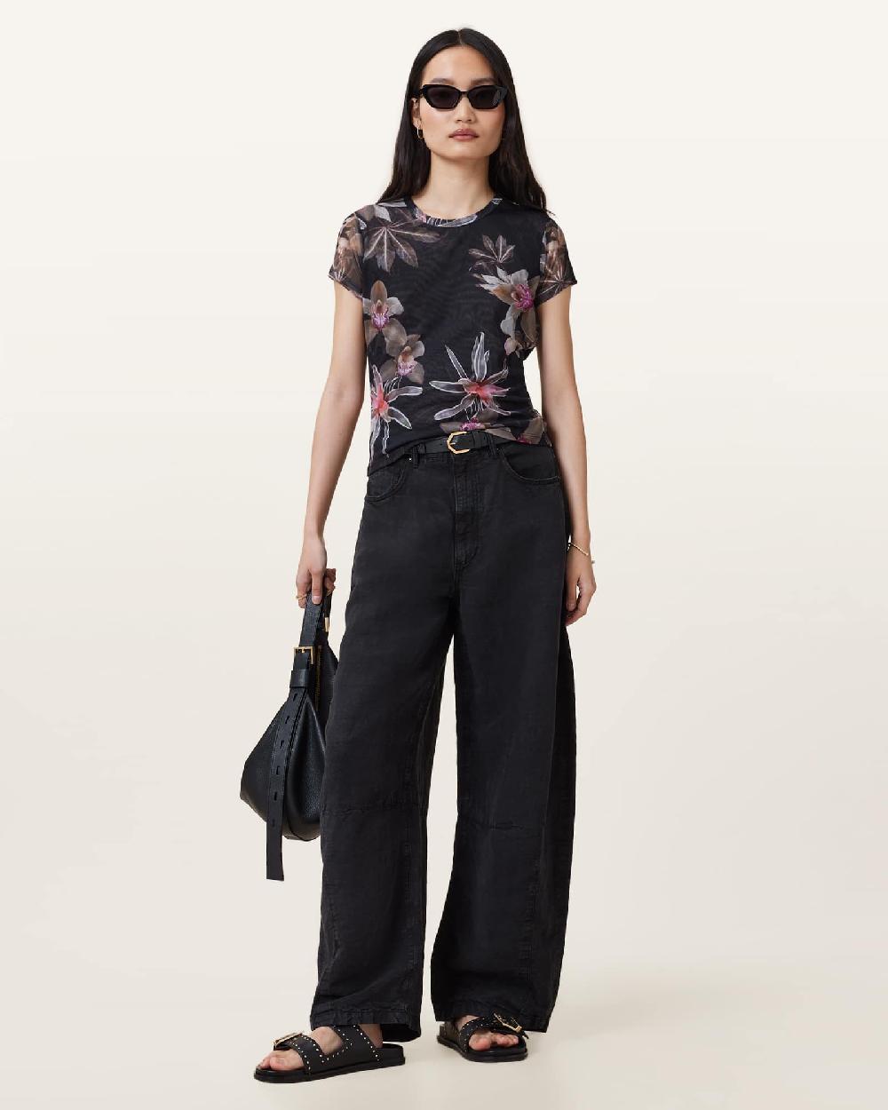 All Saints Ellie Mesh Floral Print Slim T-Shirt Adena Black
