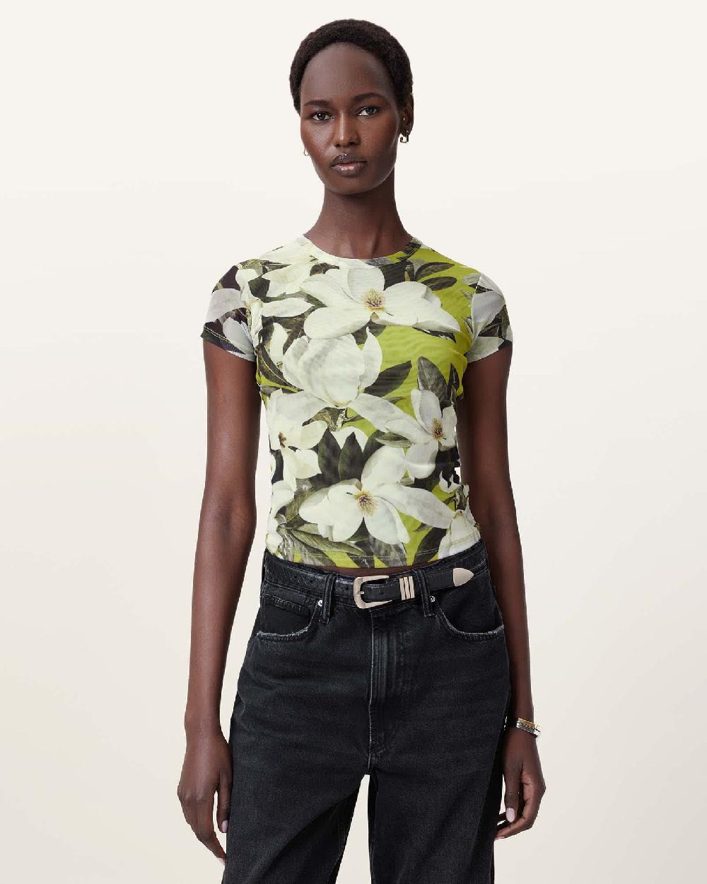 All Saints Ellie Mesh Floral Print T-Shirt Revive Stem Green