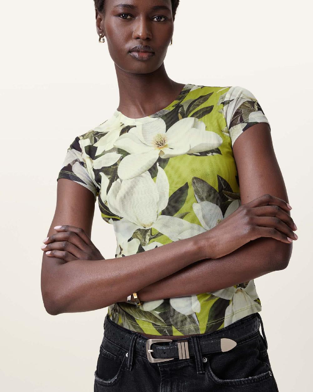 All Saints Ellie Mesh Floral Print T-Shirt Revive Stem Green