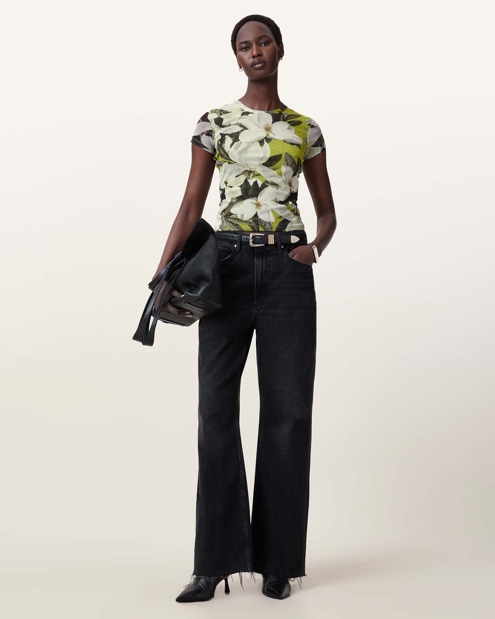 All Saints Ellie Mesh Floral Print T-Shirt Revive Stem Green