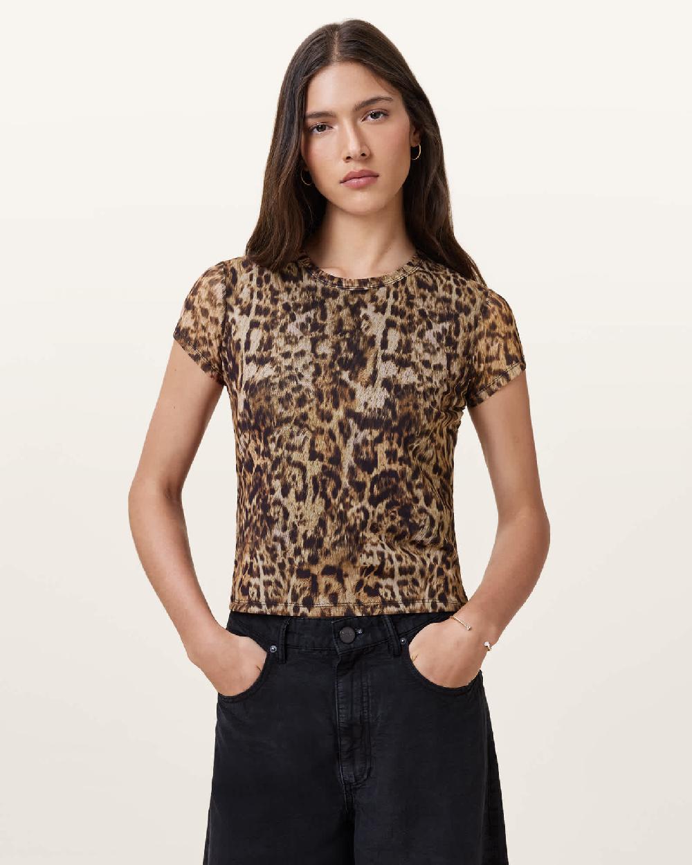 All Saints Ellie Mesh Print T-Shirt Evia Golden Brown