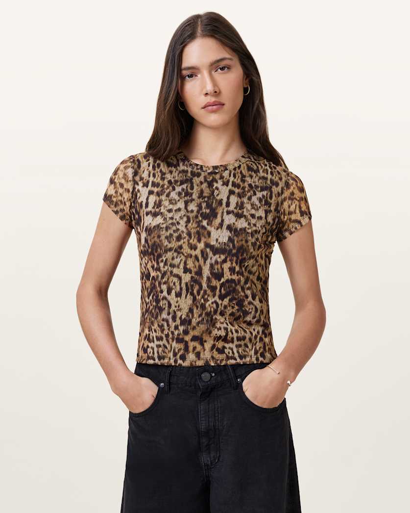 all saints Ellie Mesh Print T-Shirt Evia Golden Brown