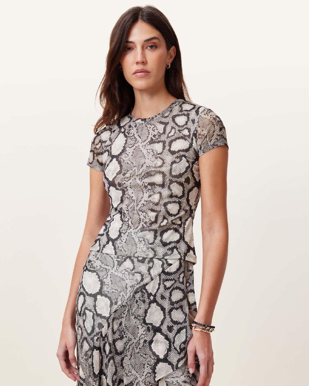 All Saints Ellie Mesh Snake Print T-Shirt Flow Ecru White