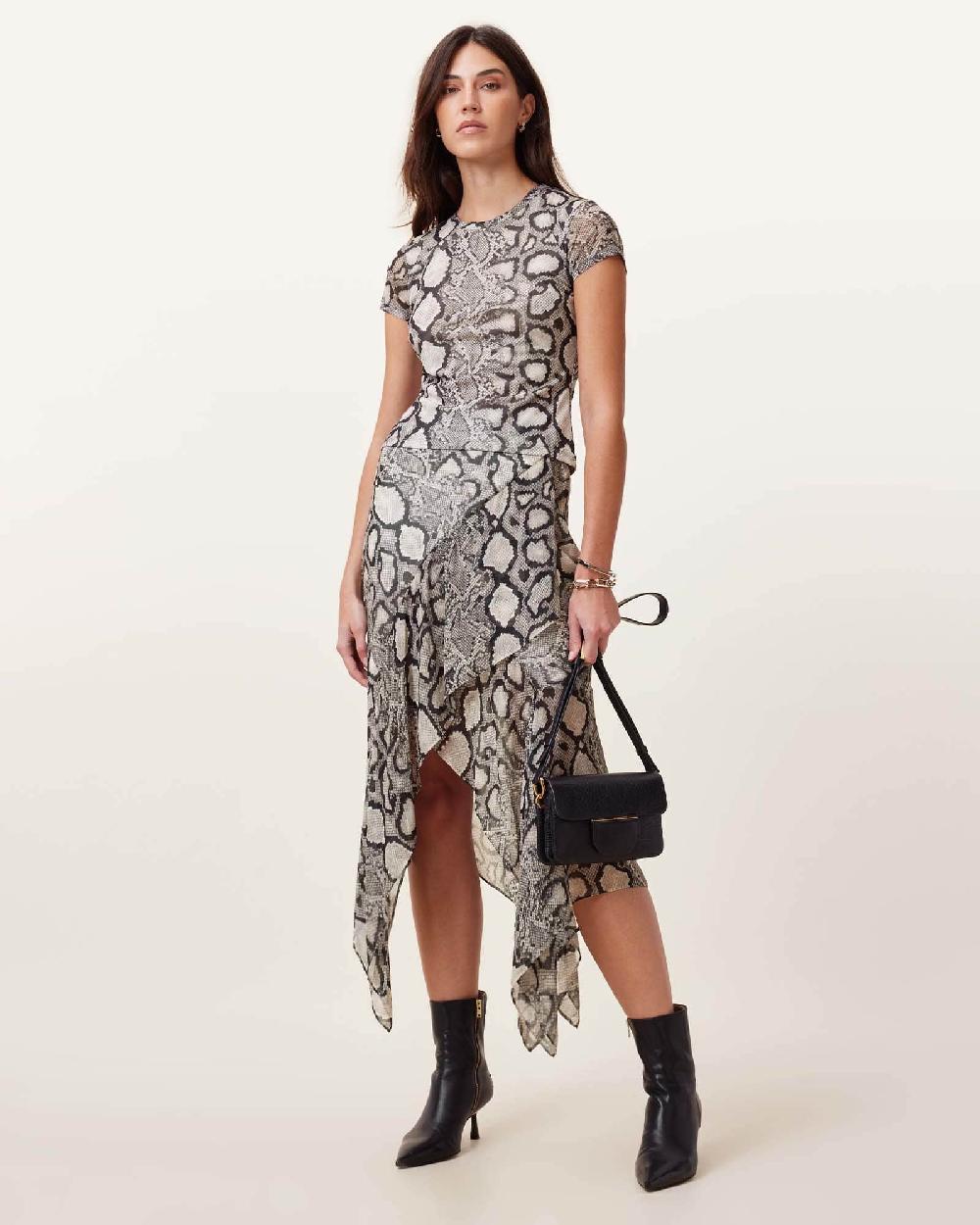 All Saints Ellie Mesh Snake Print T-Shirt Flow Ecru White