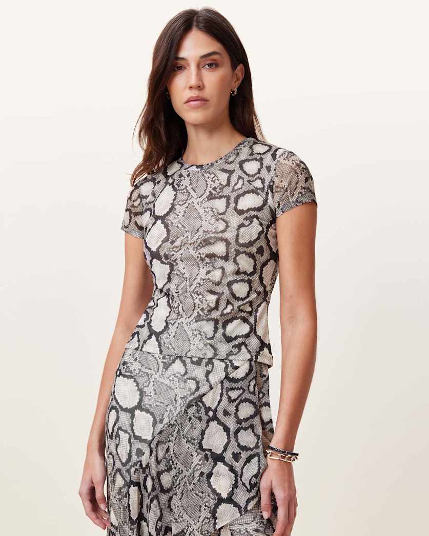 all saints Ellie Mesh Snake Print T-Shirt Flow Ecru White