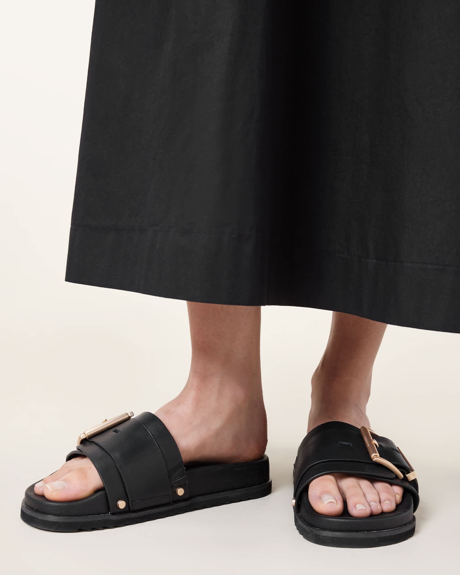 All Saints Ellie Studded Buckle Leather Sliders Black