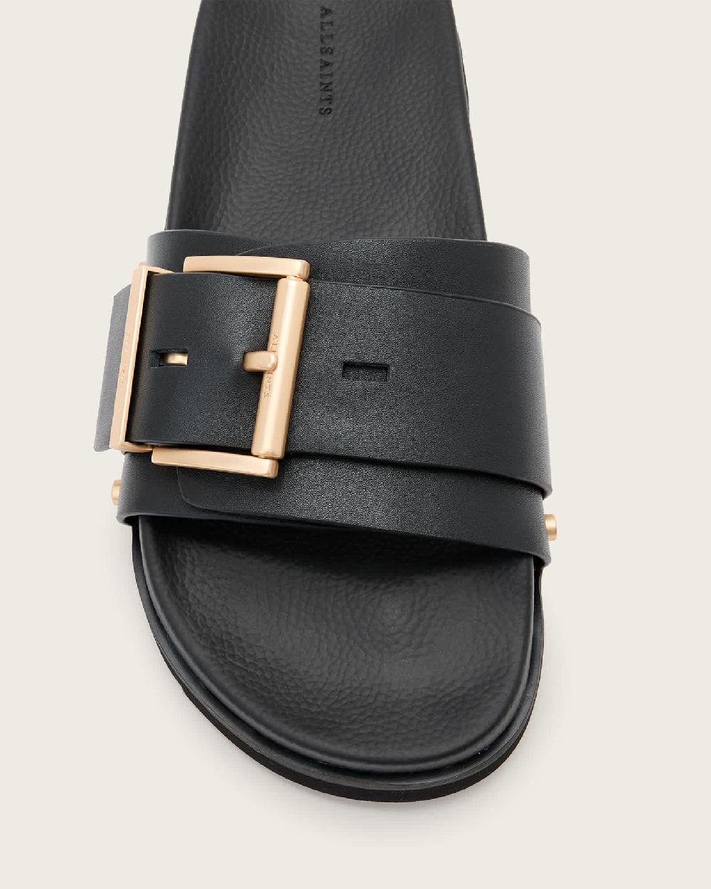 All Saints Ellie Studded Buckle Leather Sliders Black