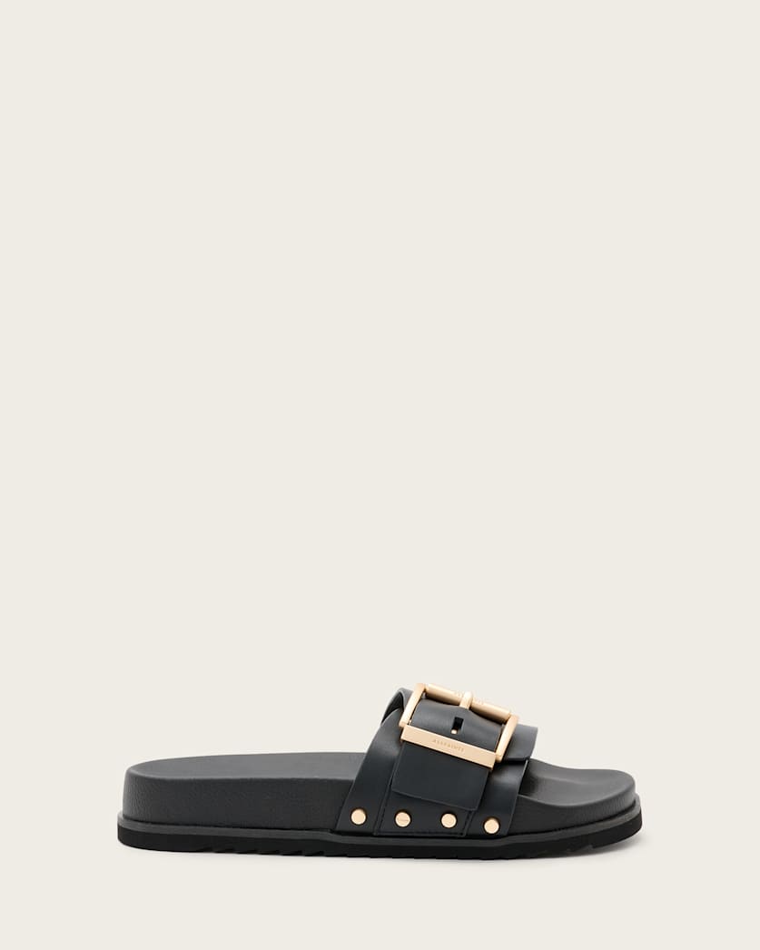 all saints Ellie Studded Buckle Leather Sliders Black