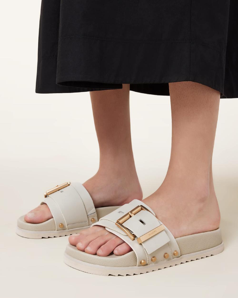 All Saints Ellie Studded Buckle Leather Sliders Chalk White